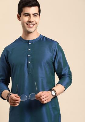 Blue Solid Polyester Kurta For Men