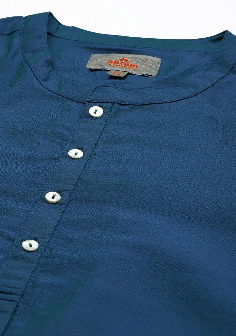 Blue Solid Polyester Kurta For Men - Indya