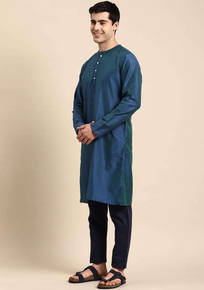 Blue Solid Polyester Kurta For Men - Indya