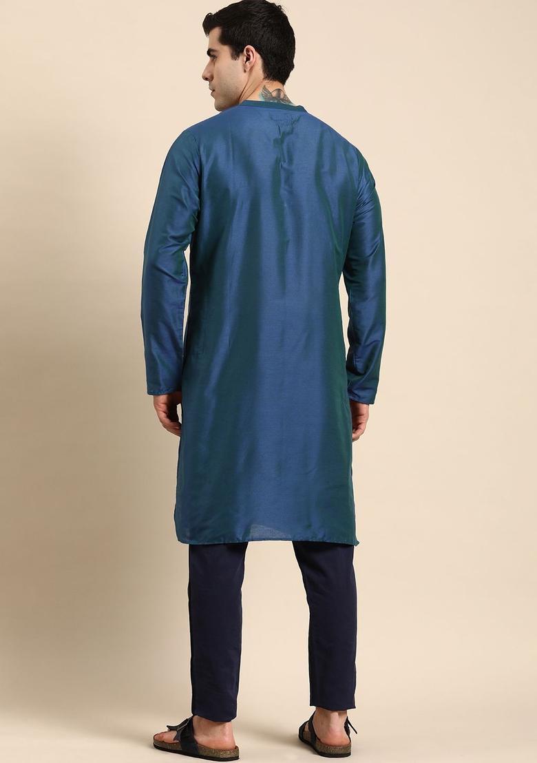 Blue Solid Polyester Kurta For Men - Indya