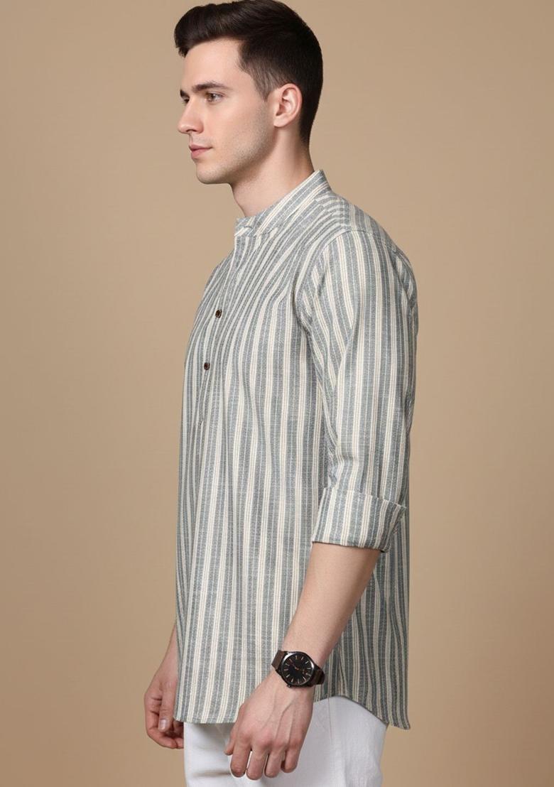 Grey Striped Cotton Kurta For Men - Indya