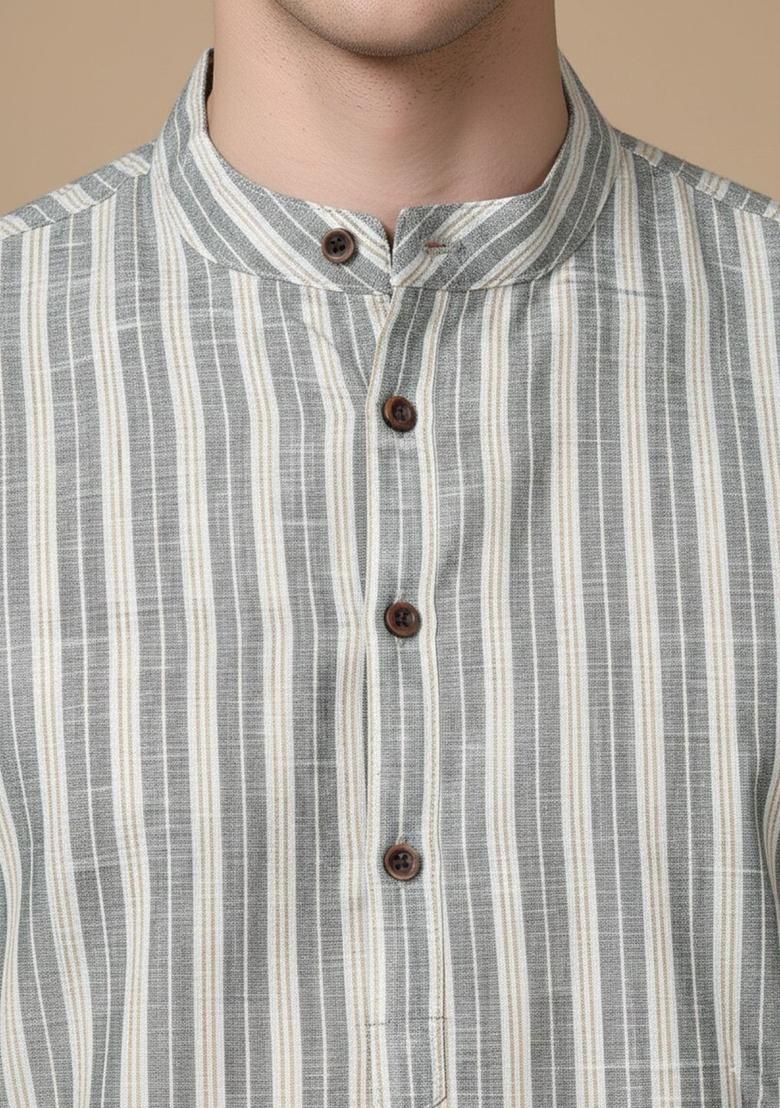 Grey Striped Cotton Kurta For Men - Indya
