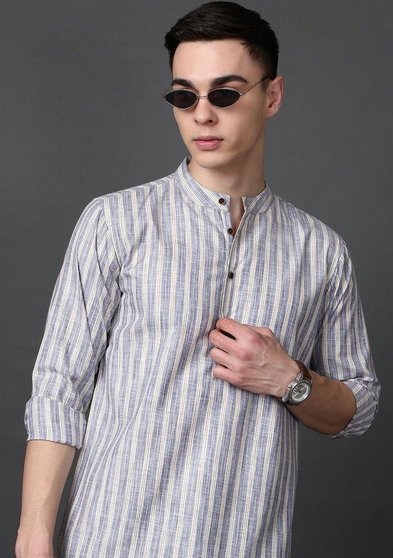 Blue Striped Cotton Kurta For Men - Indya