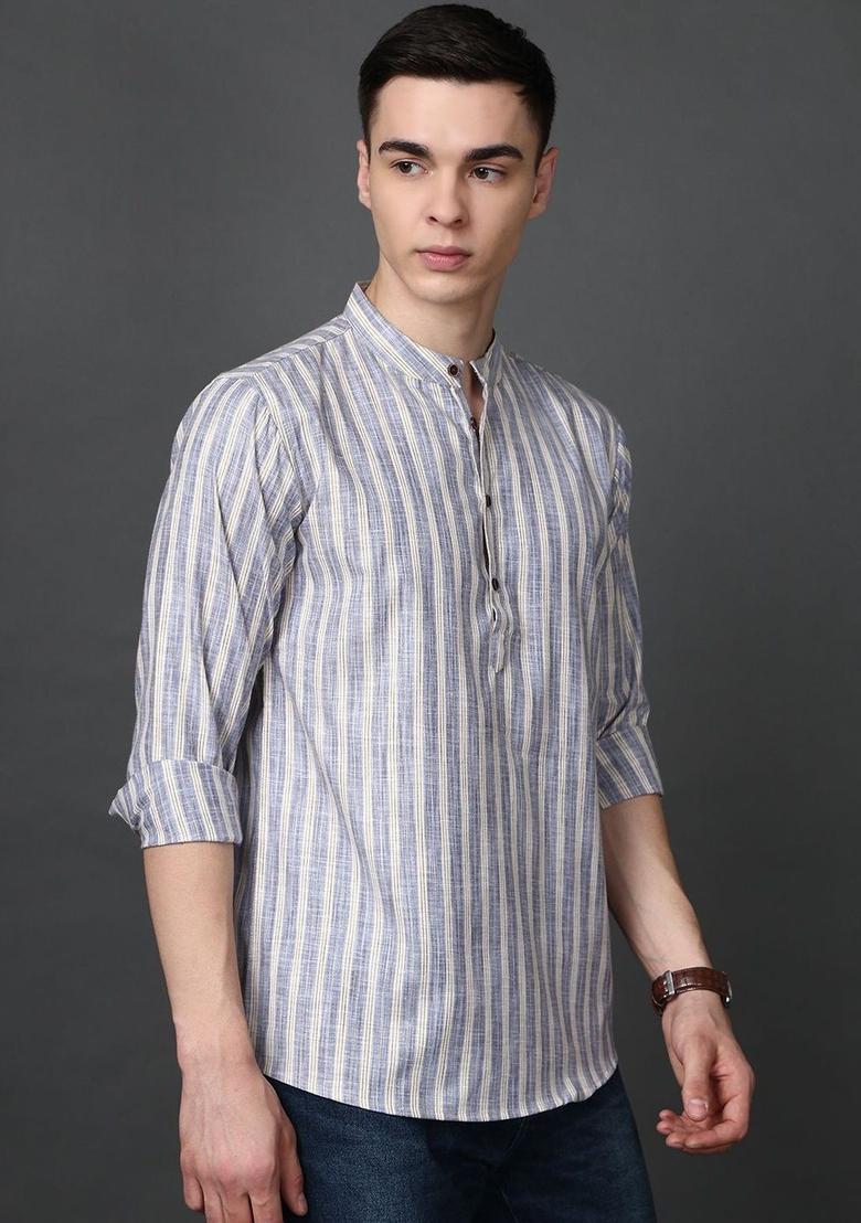 Blue Striped Cotton Kurta For Men - Indya