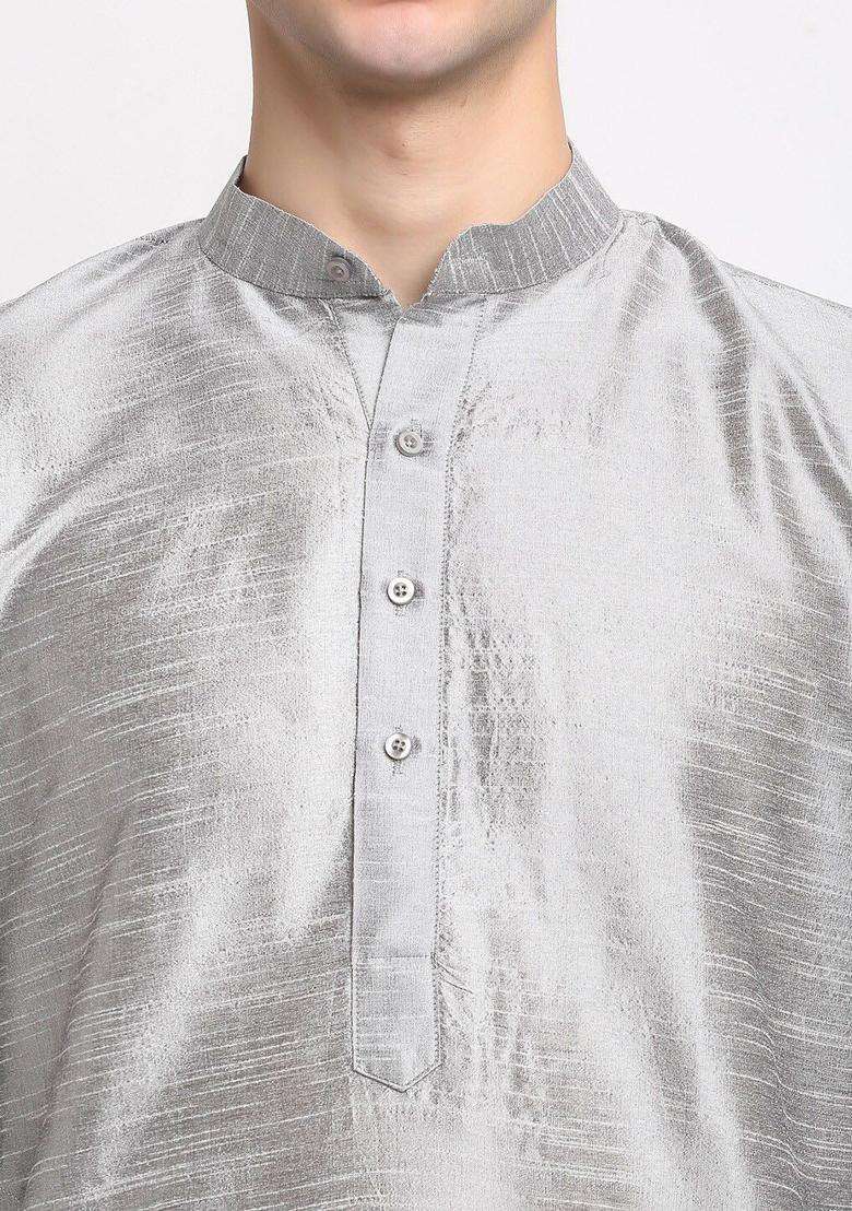 Silver Woven Design Silk Kurta For Men - Indya