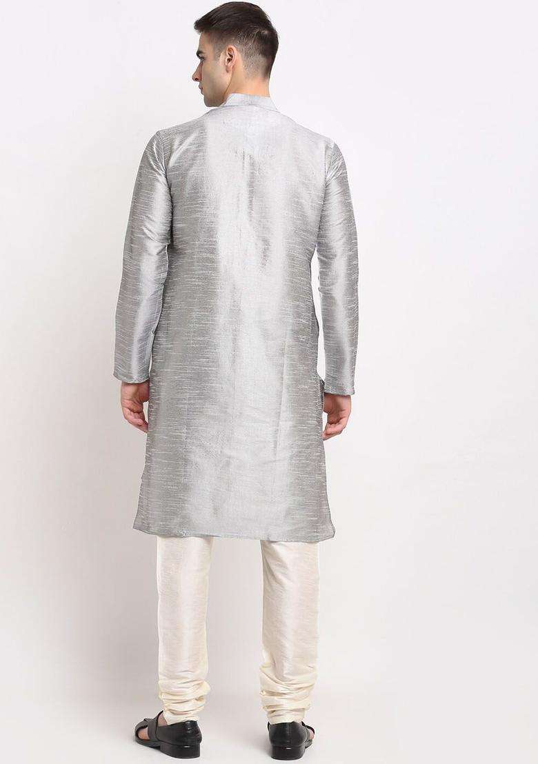 Silver Woven Design Silk Kurta For Men - Indya