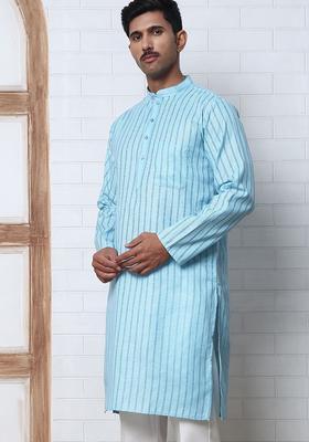 Blue Striped Cotton Kurta For Men