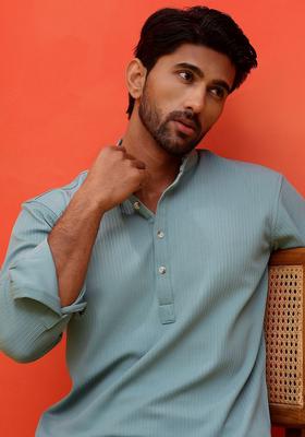 Blue Striped Cotton Kurta For Men
