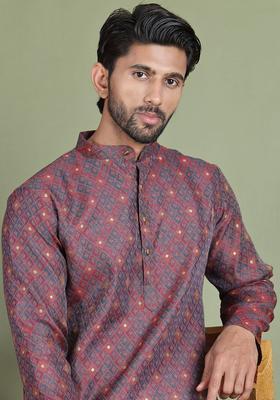 Maroon Woven Design Silk Kurta For Men