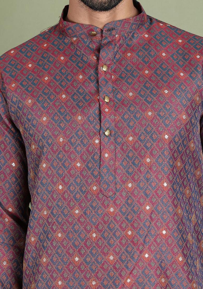 Maroon Woven Design Silk Kurta For Men - Indya