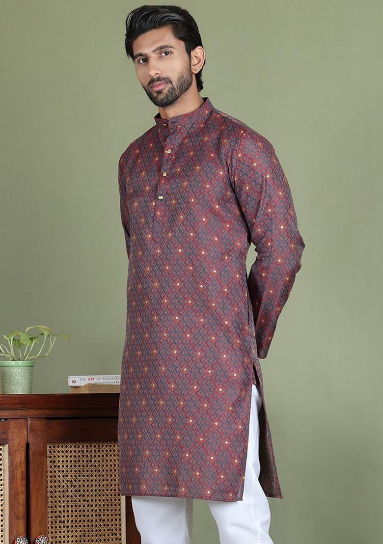 Maroon Woven Design Silk Kurta For Men - Indya