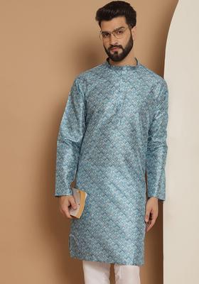 Blue Woven Design Jacquard Kurta For Men