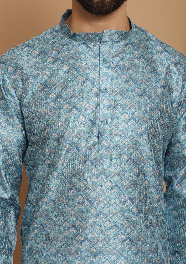 Blue Woven Design Jacquard Kurta For Men - Indya