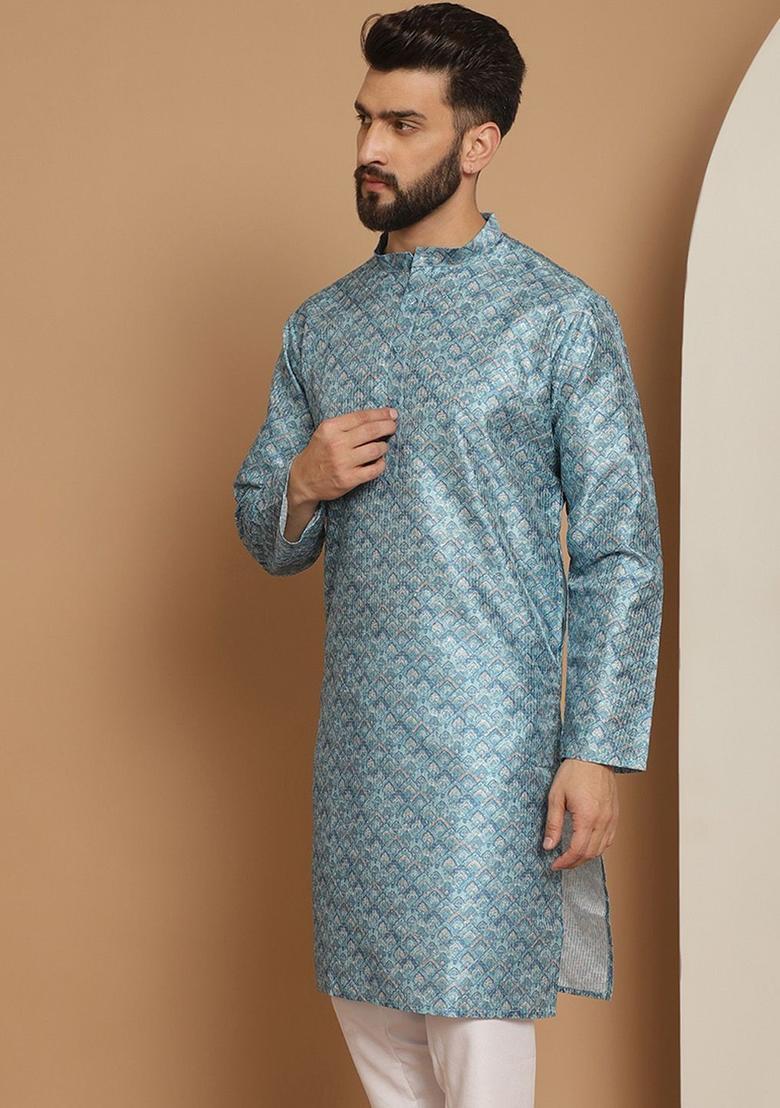 Blue Woven Design Jacquard Kurta For Men - Indya