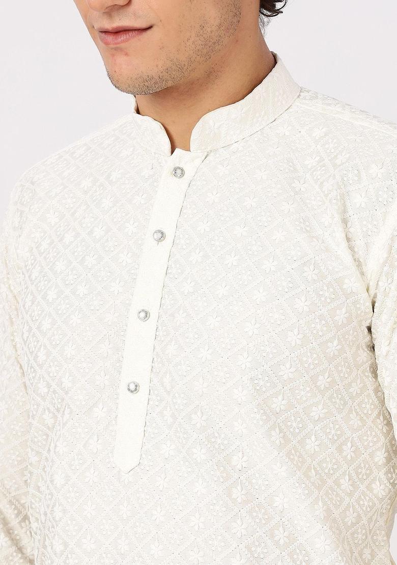 Beige Embroidered Cotton Kurta For Men - Indya