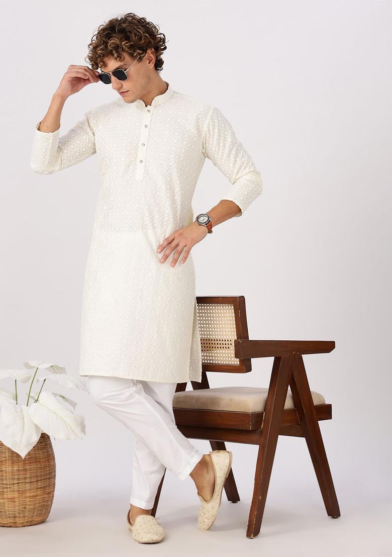 Beige Embroidered Cotton Kurta For Men - Indya