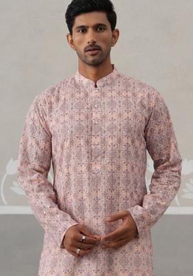 Peach Embroidered Cotton Kurta For Men
