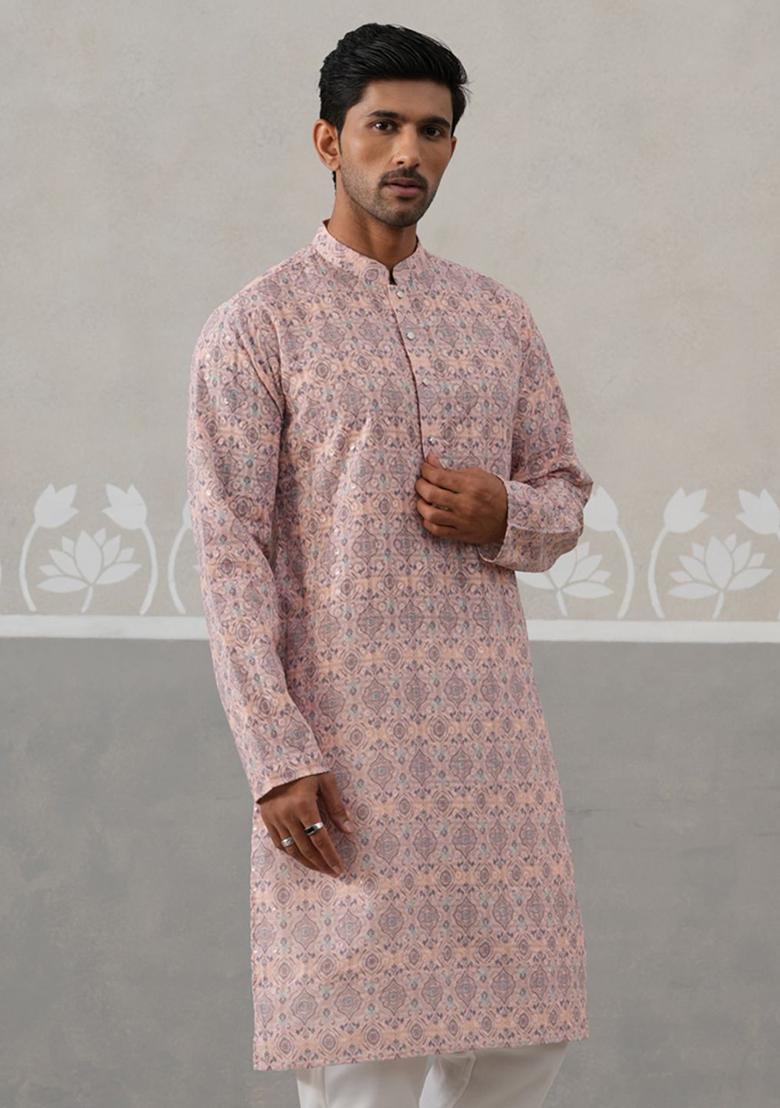 Peach Embroidered Cotton Kurta For Men - Indya