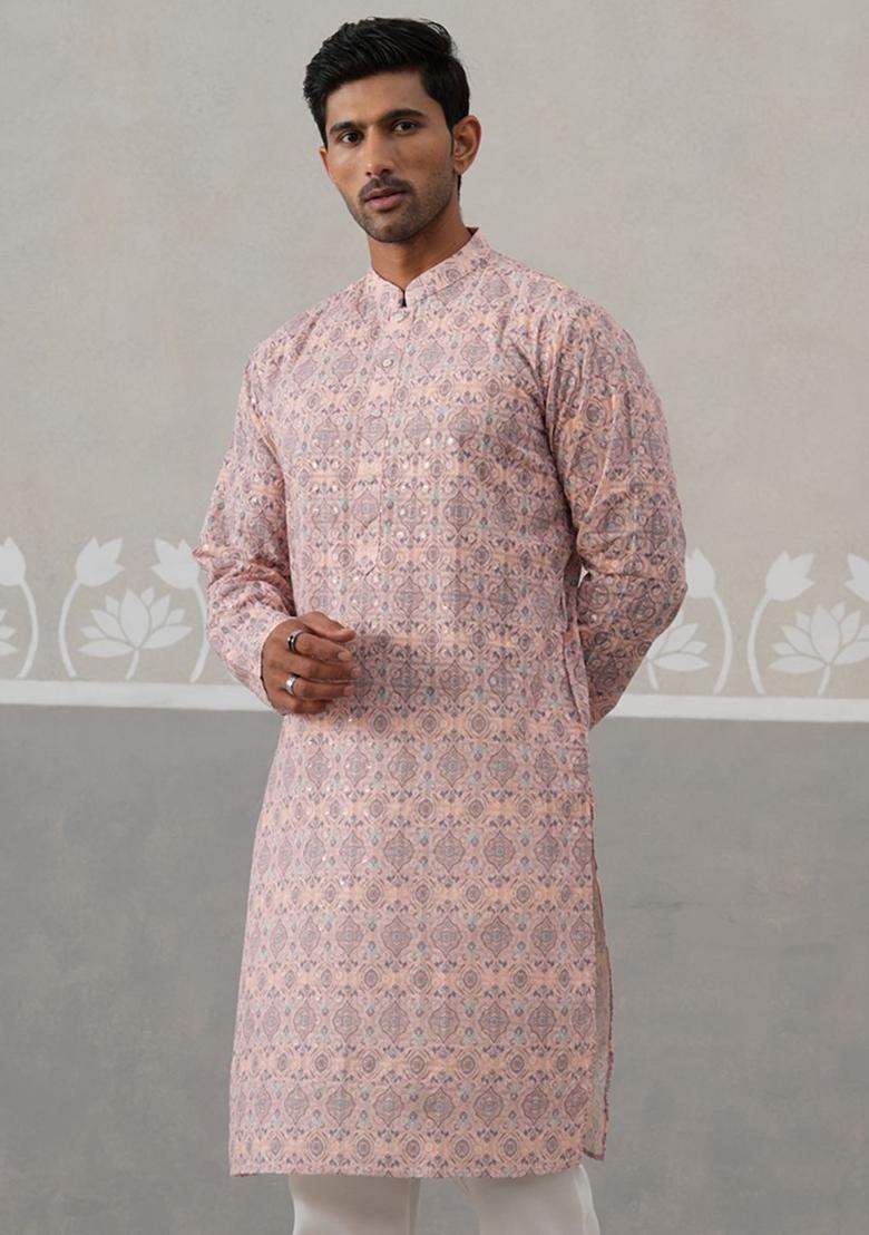Peach Embroidered Cotton Kurta For Men - Indya