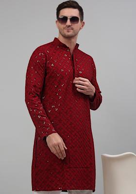 Maroon Embroidered Viscose Kurta For Men