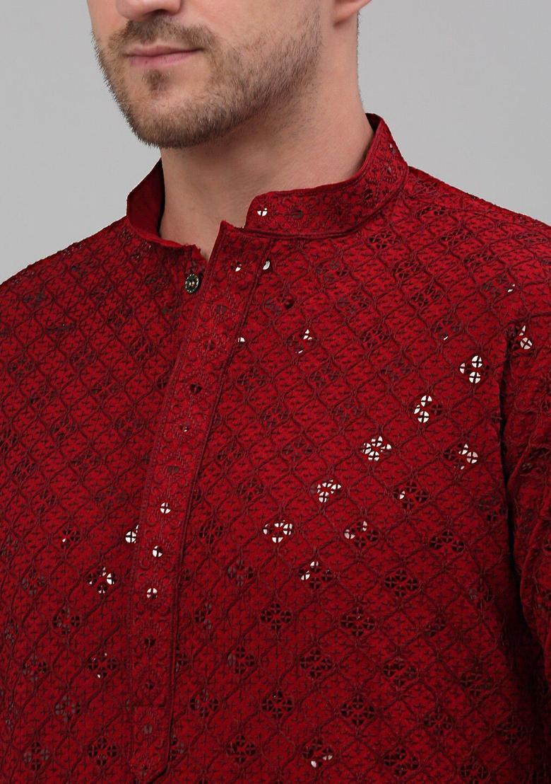 Maroon Embroidered Viscose Kurta For Men - Indya