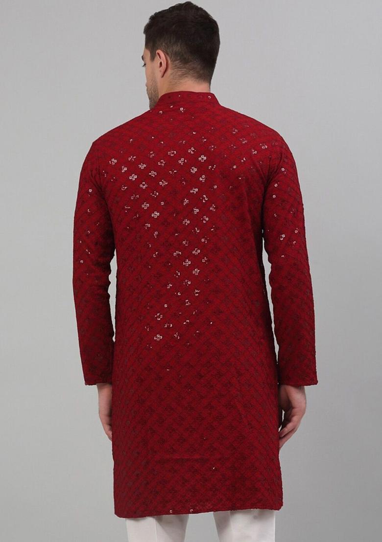 Maroon Embroidered Viscose Kurta For Men - Indya