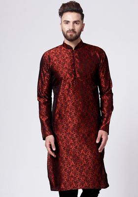 Maroon Woven Design Silk Kurta For Men