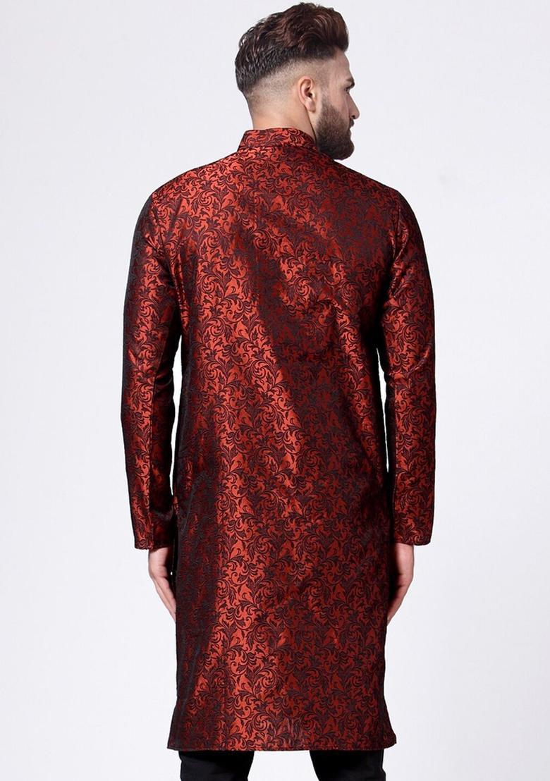 Maroon Woven Design Silk Kurta For Men - Indya