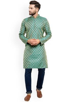 Green Woven Design Silk Kurta For Men