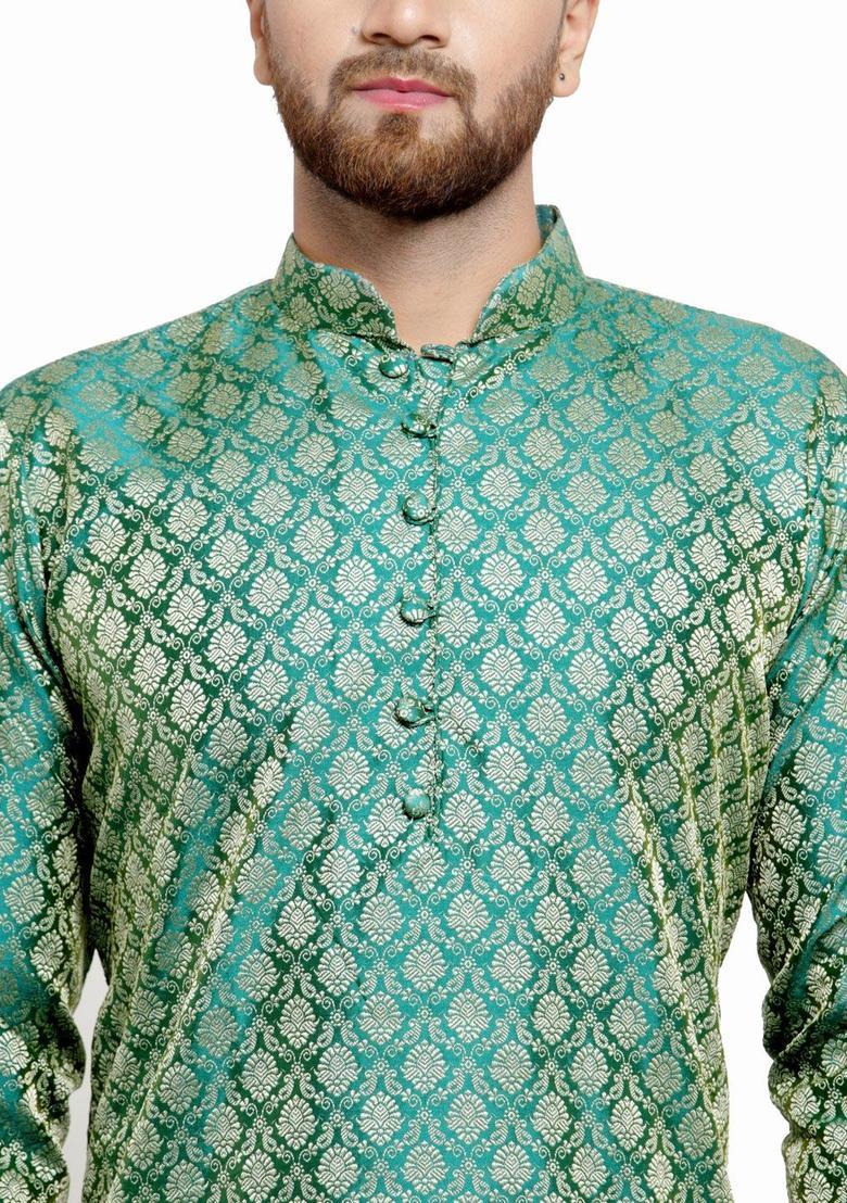 Green Woven Design Silk Kurta For Men - Indya