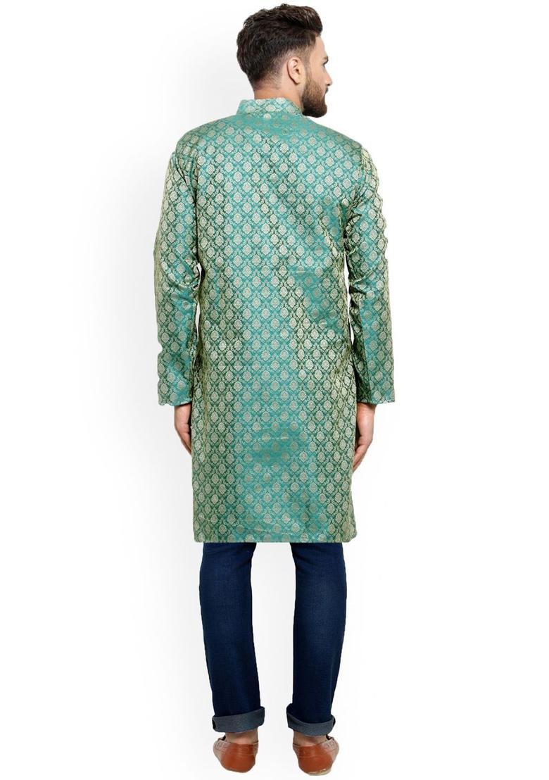 Green Woven Design Silk Kurta For Men - Indya