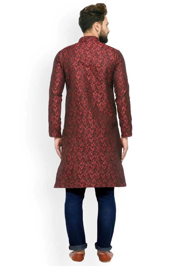 Maroon Woven Design Silk Kurta For Men - Indya