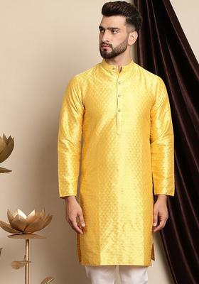 Yellow Woven Design Cotton Kurta For Men