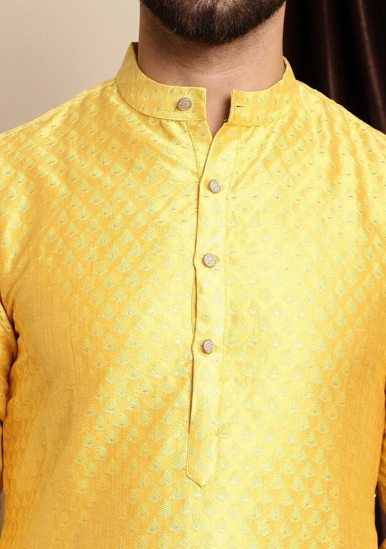 Yellow Woven Design Cotton Kurta For Men - Indya