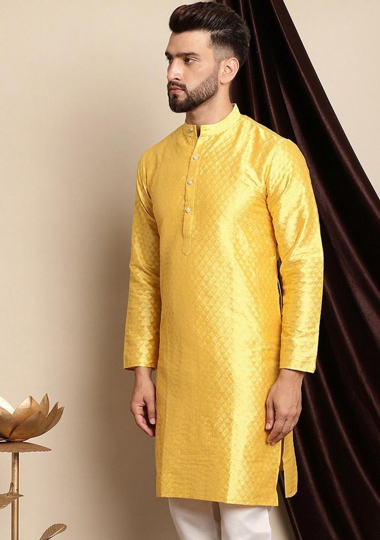 Yellow Woven Design Cotton Kurta For Men - Indya