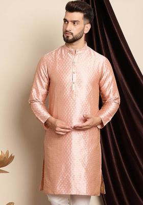 Pink Woven Design Jacquard Kurta For Men