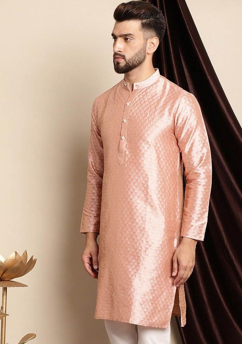 Pink Woven Design Jacquard Kurta For Men - Indya