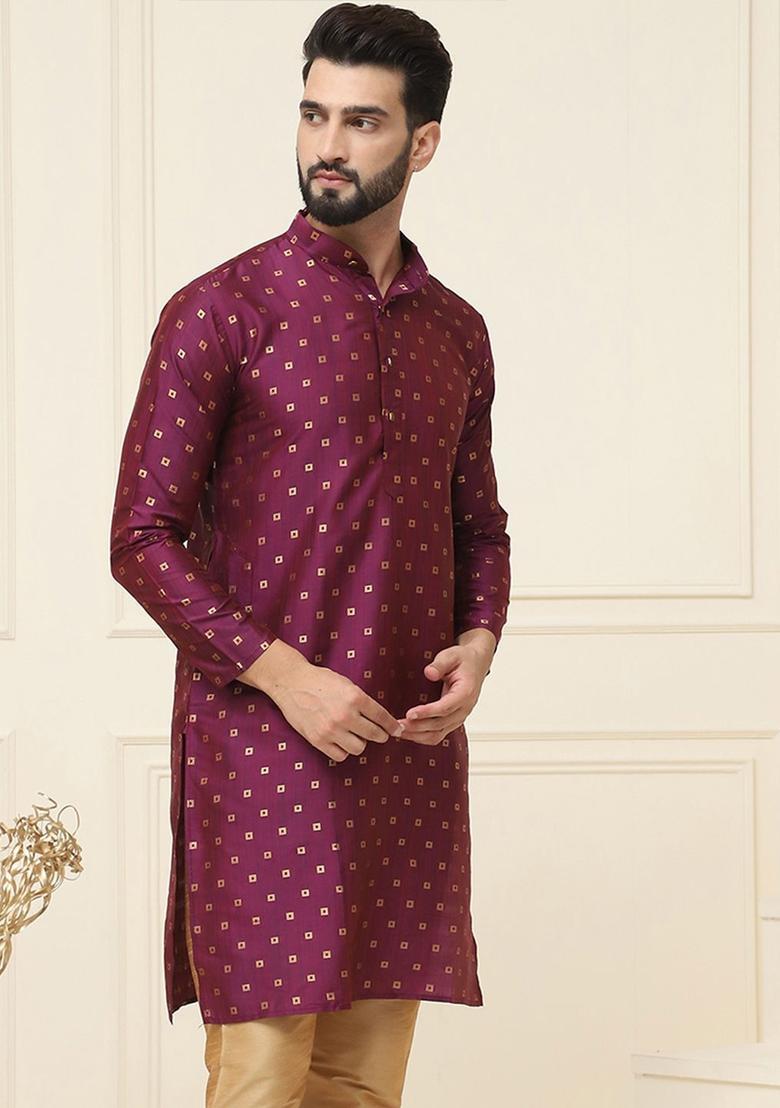 Purple Woven Design Cotton Kurta For Men - Indya