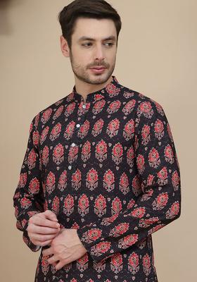 Black Printed Silk Kurta For Men