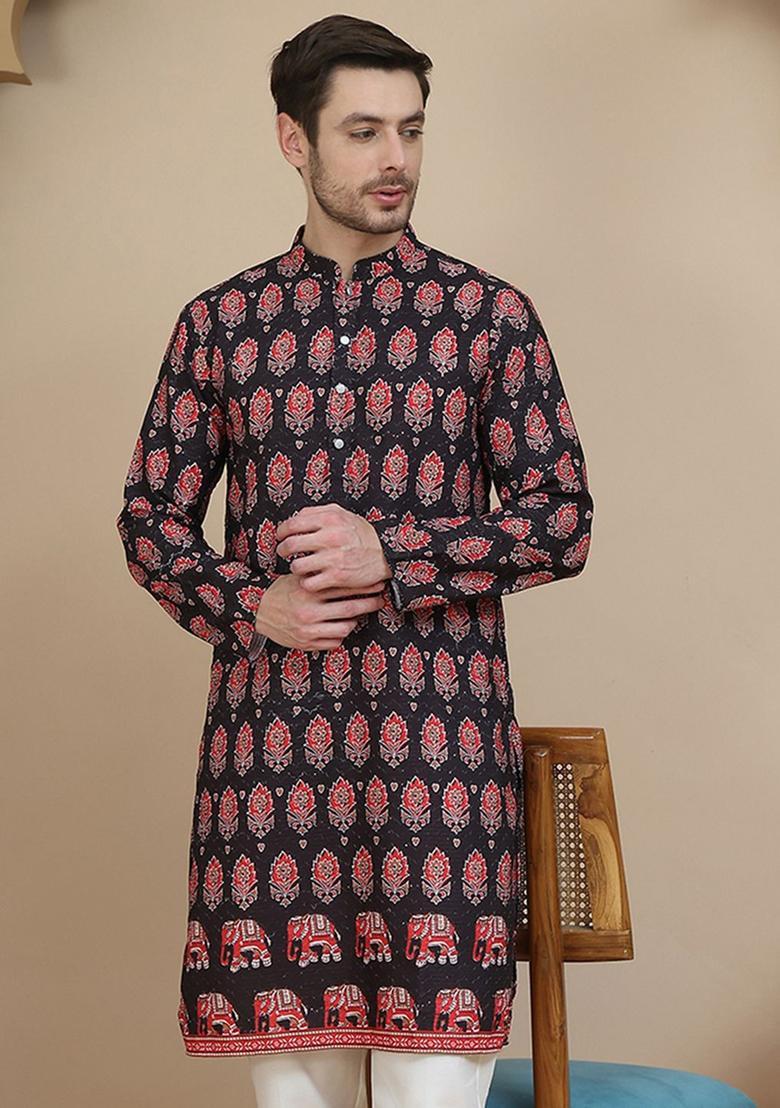 Black Printed Silk Kurta For Men - Indya