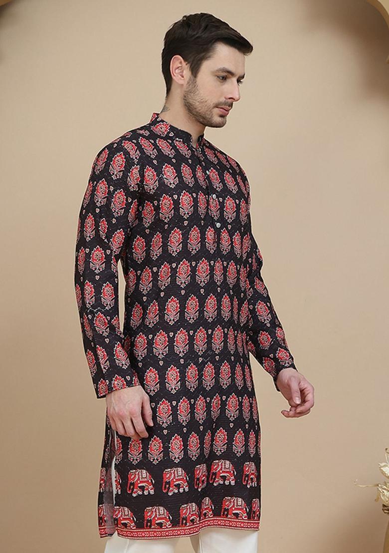Black Printed Silk Kurta For Men - Indya