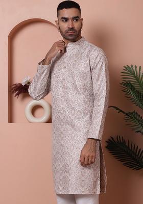 White Woven Design Silk Kurta For Men
