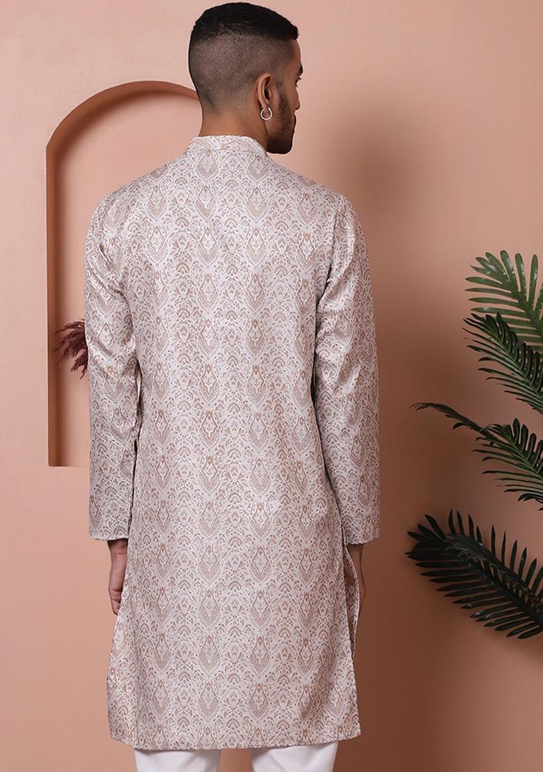 White Woven Design Silk Kurta For Men - Indya