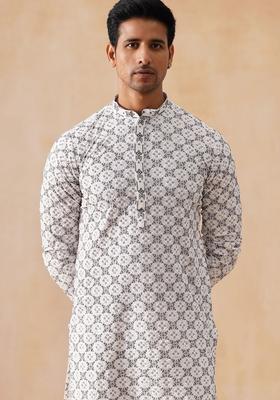 White Embroidered Viscose Kurta For Men