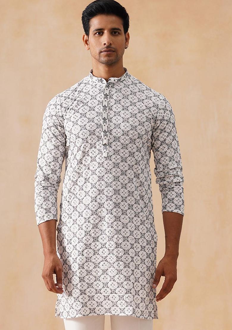 White Embroidered Viscose Kurta For Men - Indya