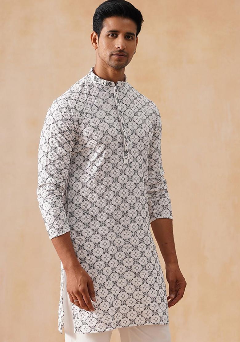 White Embroidered Viscose Kurta For Men - Indya