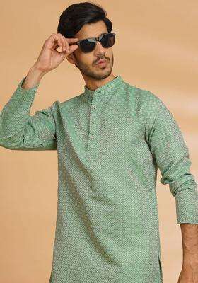 Green Embroidered Cotton Kurta For Men