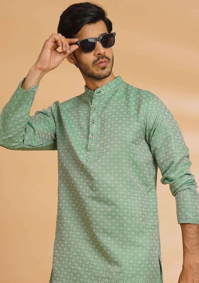 Green Embroidered Cotton Kurta For Men - Indya