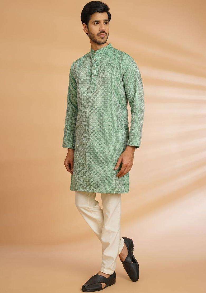 Green Embroidered Cotton Kurta For Men - Indya