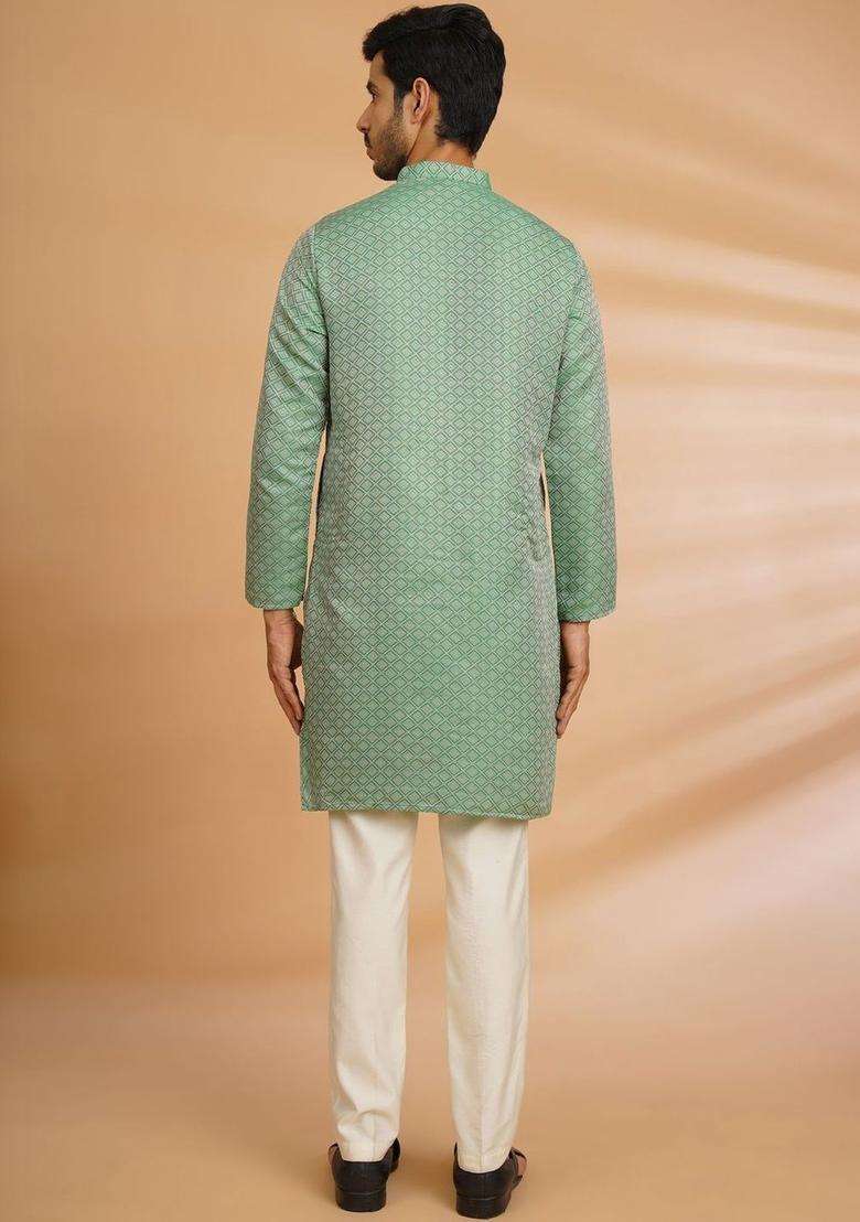 Green Embroidered Cotton Kurta For Men - Indya